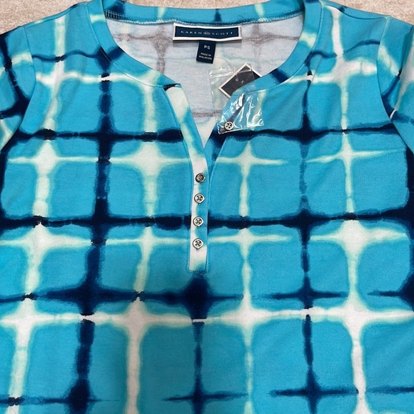 Karen Scott V-neck Front 4 buttons Short Sleeve Top Blue Navy White Stripes - Picture 4 of 13